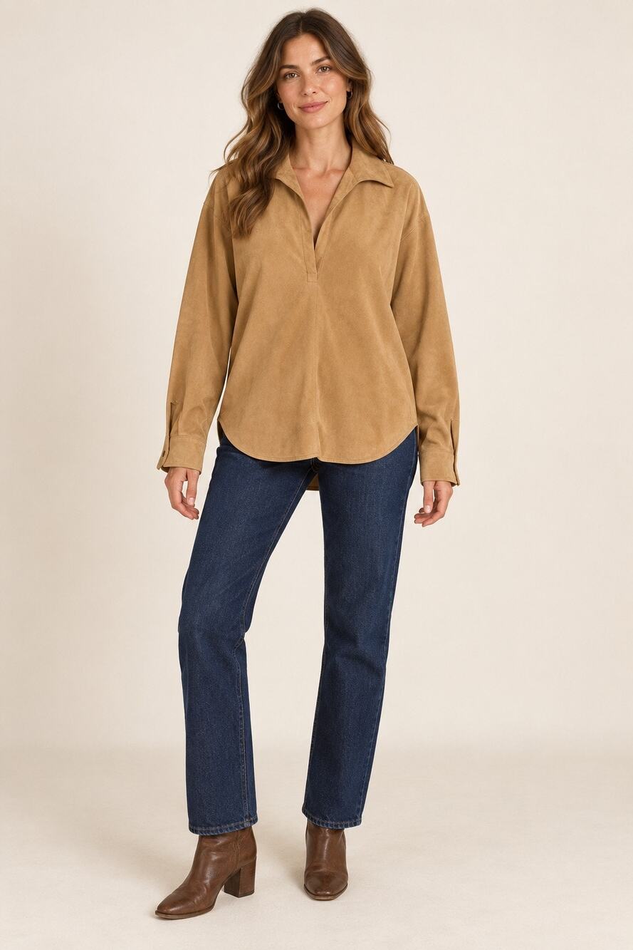 Vintage Monarch New Zealand Tan Genuine Suede Leather Pullover Shirt Size 36